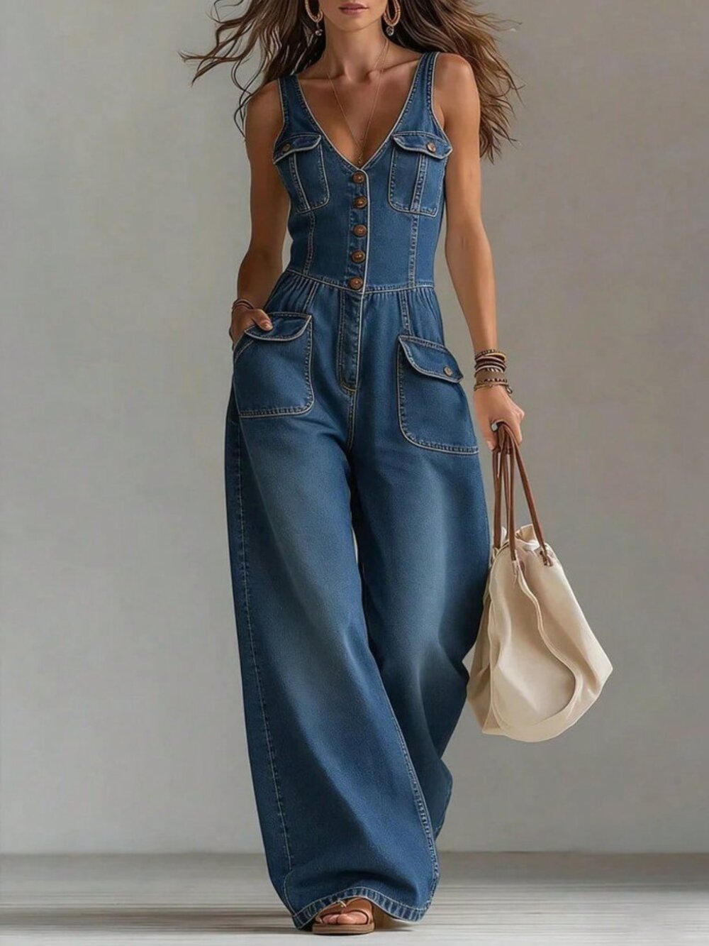 Dark Blue Elegant Women's Plus Size Denim Jumpsuit Sleeveless V Neck Wide Leg